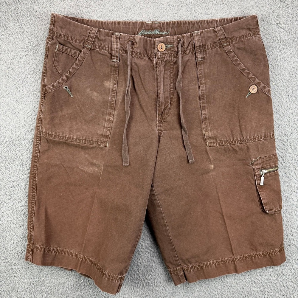 Eddie Bauer Womens Brown Ripstop Cargo Hiking Shorts Size 12 Drawstring Utility